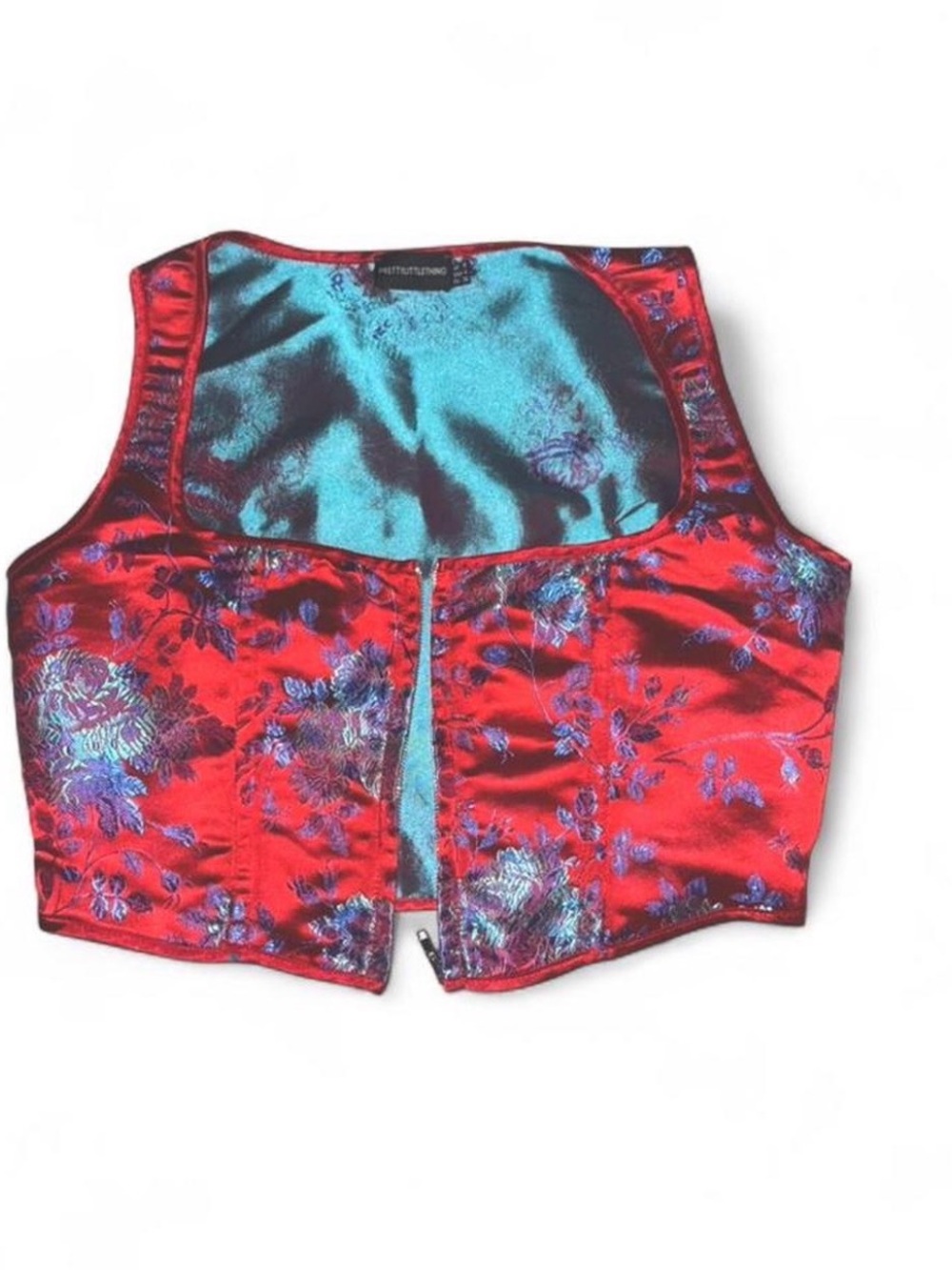 Pretty Little Things Red Satin Floral Zip-Front Bustier Crop Top. Size 4. - Picture 5 of 7